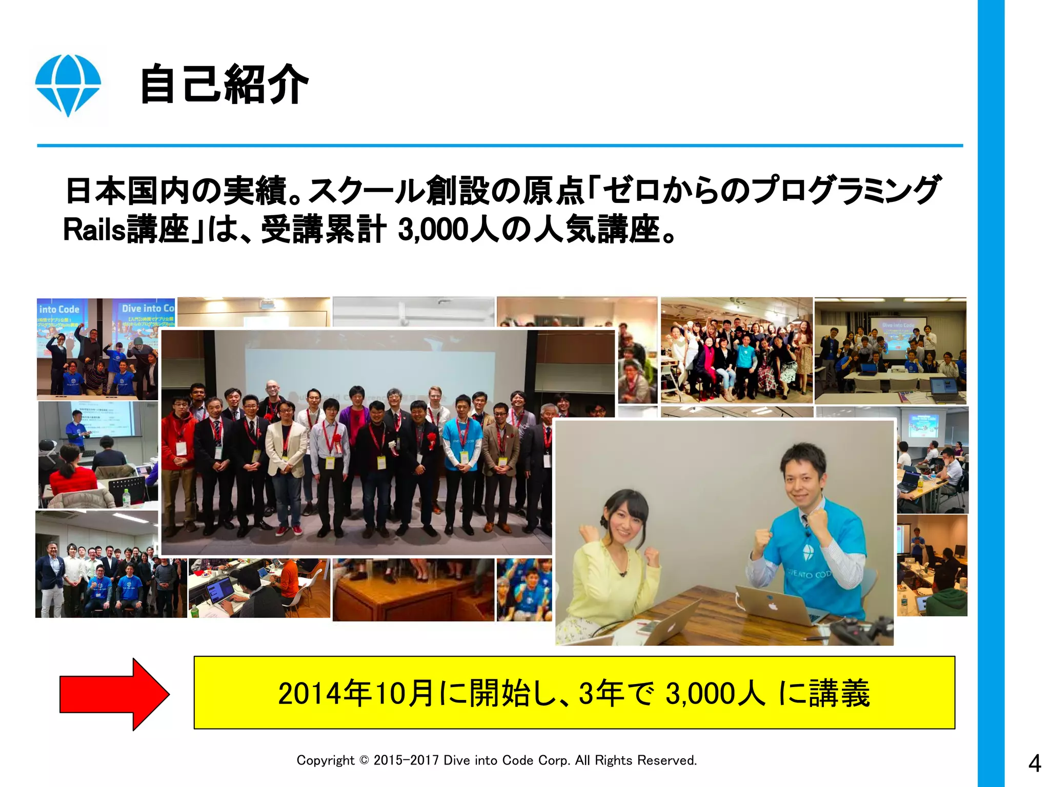 4Copyright © 2015-2017 Dive into Code Corp. All Rights Reserved.
日本国内の実績。スクール創設の原点「ゼロからのプログラミング
Rails講座」は、受講累計 3,000人の人気講座。
自己紹介
2014年10月に開始し、3年で 3,000人 に講義
 