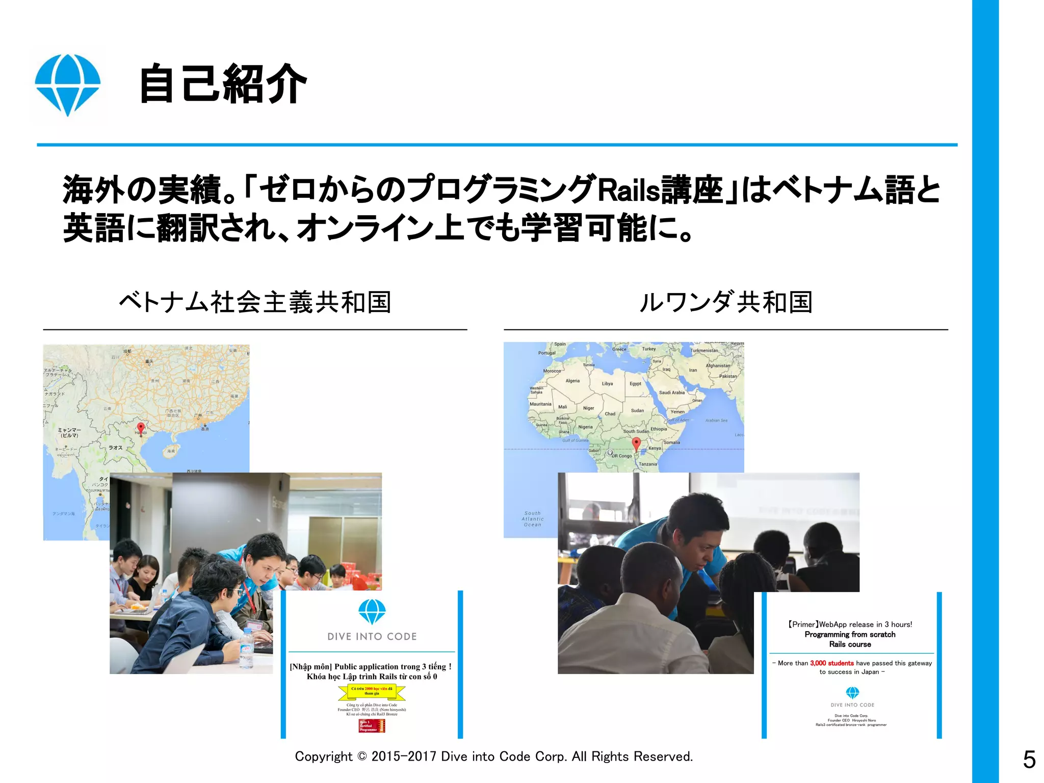 5Copyright © 2015-2017 Dive into Code Corp. All Rights Reserved.
自己紹介
海外の実績。「ゼロからのプログラミングRails講座」はベトナム語と
英語に翻訳され、オンライン上でも学習可能に。
ベトナム社会主義共和国 ルワンダ共和国
 