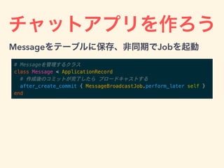 チャットアプリを作ろう
Messageをテーブルに保存、非同期でJobを起動
 