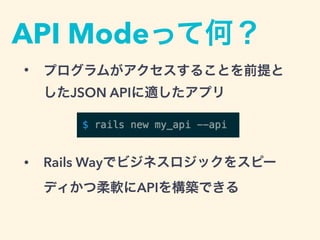 API Modeって何？
• プログラムがアクセスすることを前提と
したJSON APIに適したアプリ
• Rails Wayでビジネスロジックをスピー
ディかつ柔軟にAPIを構築できる
 