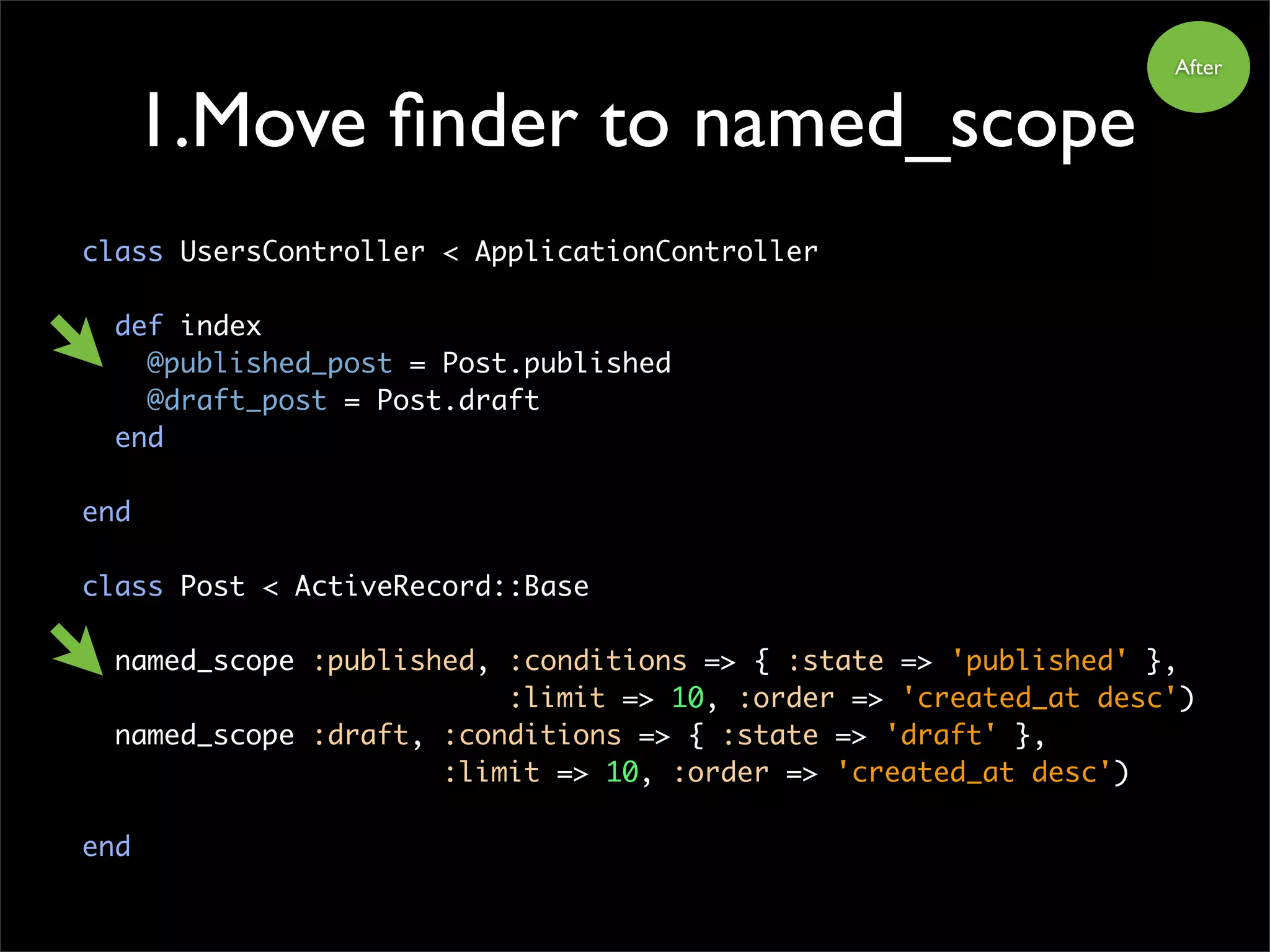 class UsersController < ApplicationController
def index
@published_post = Post.published
@draft_post = Post.draft
end
end
class Post < ActiveRecord::Base
named_scope :published, :conditions => { :state => 'published' },
:limit => 10, :order => 'created_at desc')
named_scope :draft, :conditions => { :state => 'draft' },
:limit => 10, :order => 'created_at desc')
end
1.Move finder to named_scope
After
 