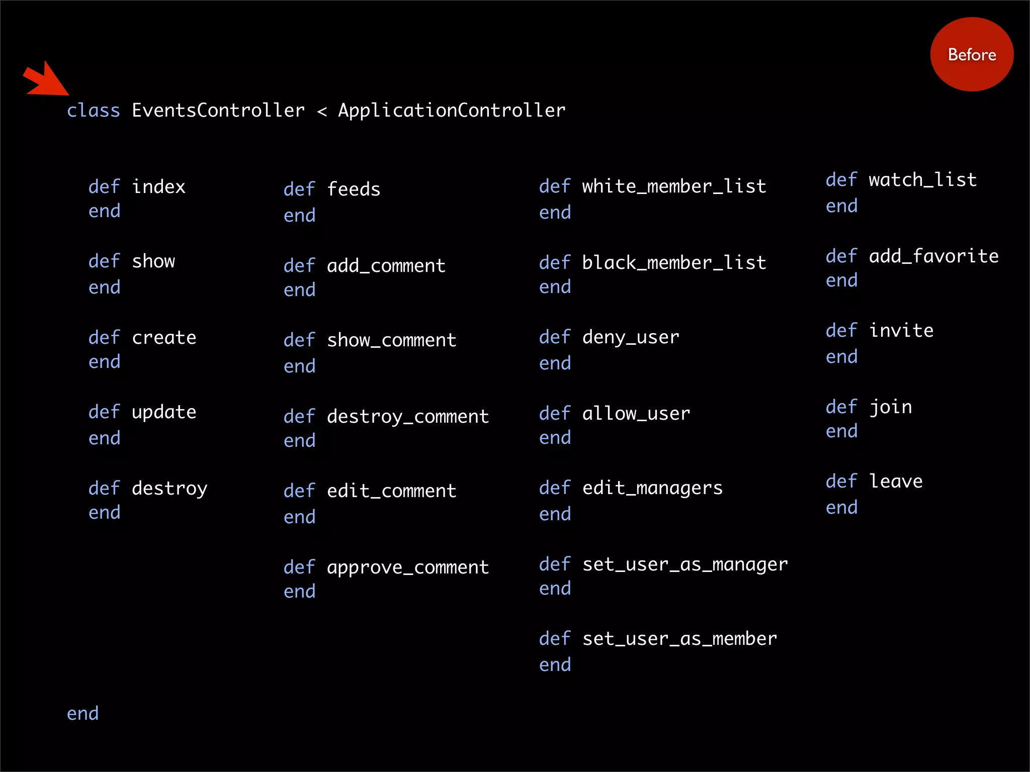 class EventsController < ApplicationController
def index
end
def show
end
def create
end
def update
end
def destroy
end
end
def watch_list
end
def add_favorite
end
def invite
end
def join
end
def leave
end
def feeds
end
def add_comment
end
def show_comment
end
def destroy_comment
end
def edit_comment
end
def approve_comment
end
def white_member_list
end
def black_member_list
end
def deny_user
end
def allow_user
end
def edit_managers
end
def set_user_as_manager
end
def set_user_as_member
end
Before
 