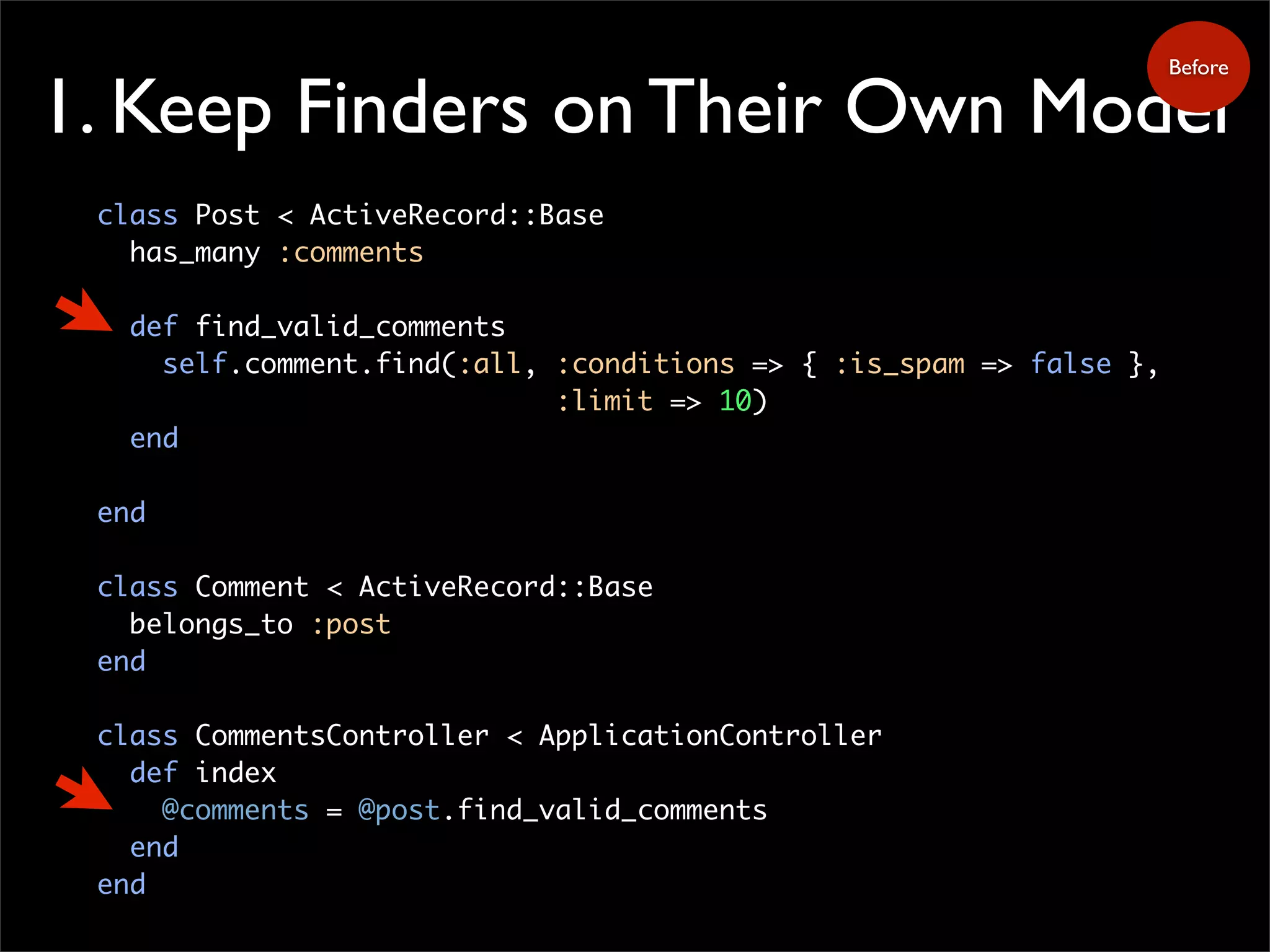 1. Keep Finders on Their Own Model
class Post < ActiveRecord::Base
has_many :comments
def find_valid_comments
self.comment.find(:all, :conditions => { :is_spam => false },
:limit => 10)
end
end
class Comment < ActiveRecord::Base
belongs_to :post
end
class CommentsController < ApplicationController
def index
@comments = @post.find_valid_comments
end
end
Before
 