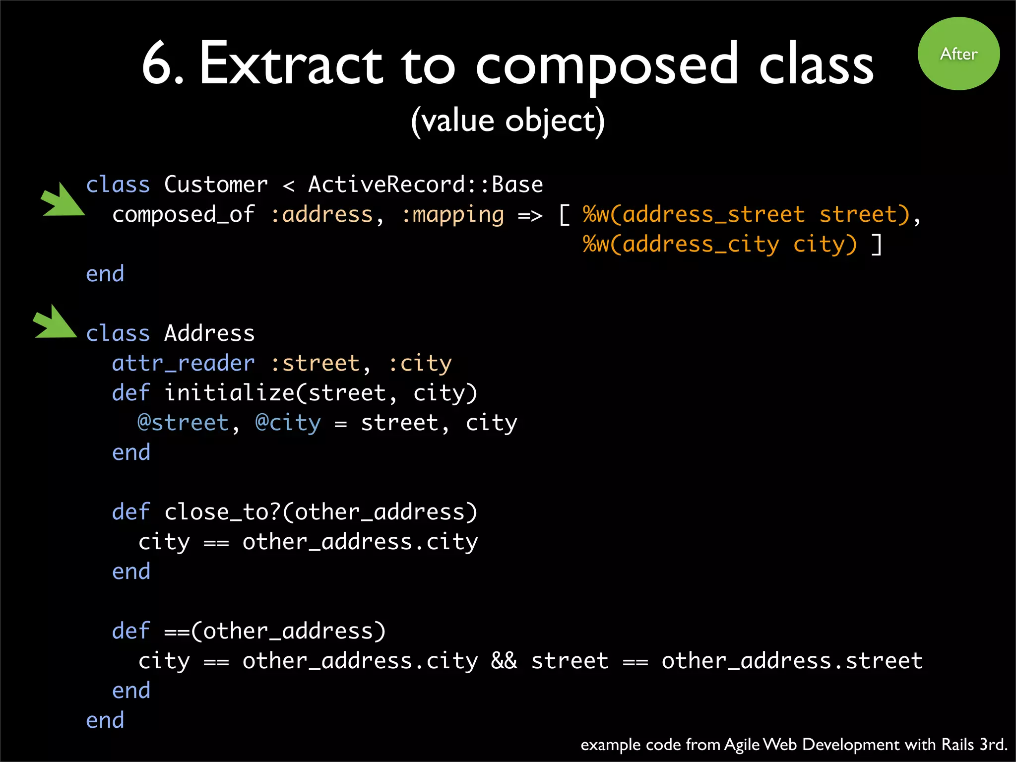 After
6. Extract to composed class
(value object)
class Customer < ActiveRecord::Base
composed_of :address, :mapping => [ %w(address_street street),
%w(address_city city) ]
end
class Address
attr_reader :street, :city
def initialize(street, city)
@street, @city = street, city
end
def close_to?(other_address)
city == other_address.city
end
def ==(other_address)
city == other_address.city && street == other_address.street
end
end
example code from Agile Web Development with Rails 3rd.
 