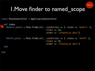 1.Move finder to named_scope
class PostsController < ApplicationController
def index
@public_posts = Post.find(:all, :conditions => { :state => 'public' },
:limit => 10,
:order => 'created_at desc')
@draft_posts = Post.find(:all, :conditions => { :state => 'draft' },
:limit => 10,
:order => 'created_at desc')
end
end
Before
 