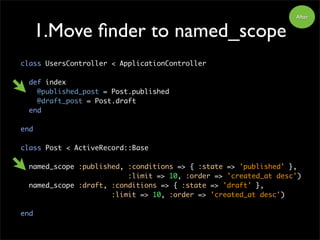 class UsersController < ApplicationController
def index
@published_post = Post.published
@draft_post = Post.draft
end
end
class Post < ActiveRecord::Base
named_scope :published, :conditions => { :state => 'published' },
:limit => 10, :order => 'created_at desc')
named_scope :draft, :conditions => { :state => 'draft' },
:limit => 10, :order => 'created_at desc')
end
1.Move finder to named_scope
After
 