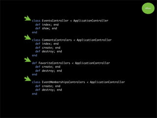 After
class EventsController < ApplicationController
def index; end
def show; end
end
class CommentsControlers < ApplicationController
def index; end
def create; end
def destroy; end
end
def FavoriteControllers < ApplicationController
def create; end
def destroy; end
end
class EventMembershipsControlers < ApplicationController
def create; end
def destroy; end
end
 
