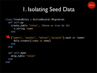 1. Isolating Seed Data
Before
class CreateRoles < ActiveRecord::Migration
def self.up
create_table "roles", :force => true do |t|
t.string :name
end
["admin", "author", "editor","account"].each do |name|
Role.create!(:name => name)
end
end
def self.down
drop_table "roles"
end
end
 