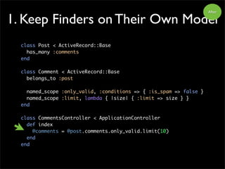 1. Keep Finders on Their Own Model
class Post < ActiveRecord::Base
has_many :comments
end
class Comment < ActiveRecord::Ba...