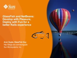 GlassFish and NetBeans:
Develop with Pleasure,
Deploy with Fun for a
better Rails experience




Arun Gupta, GlassFish Guy
http://blogs.sun.com/arungupta
Sun Microsystems, Inc.



                                 1
 