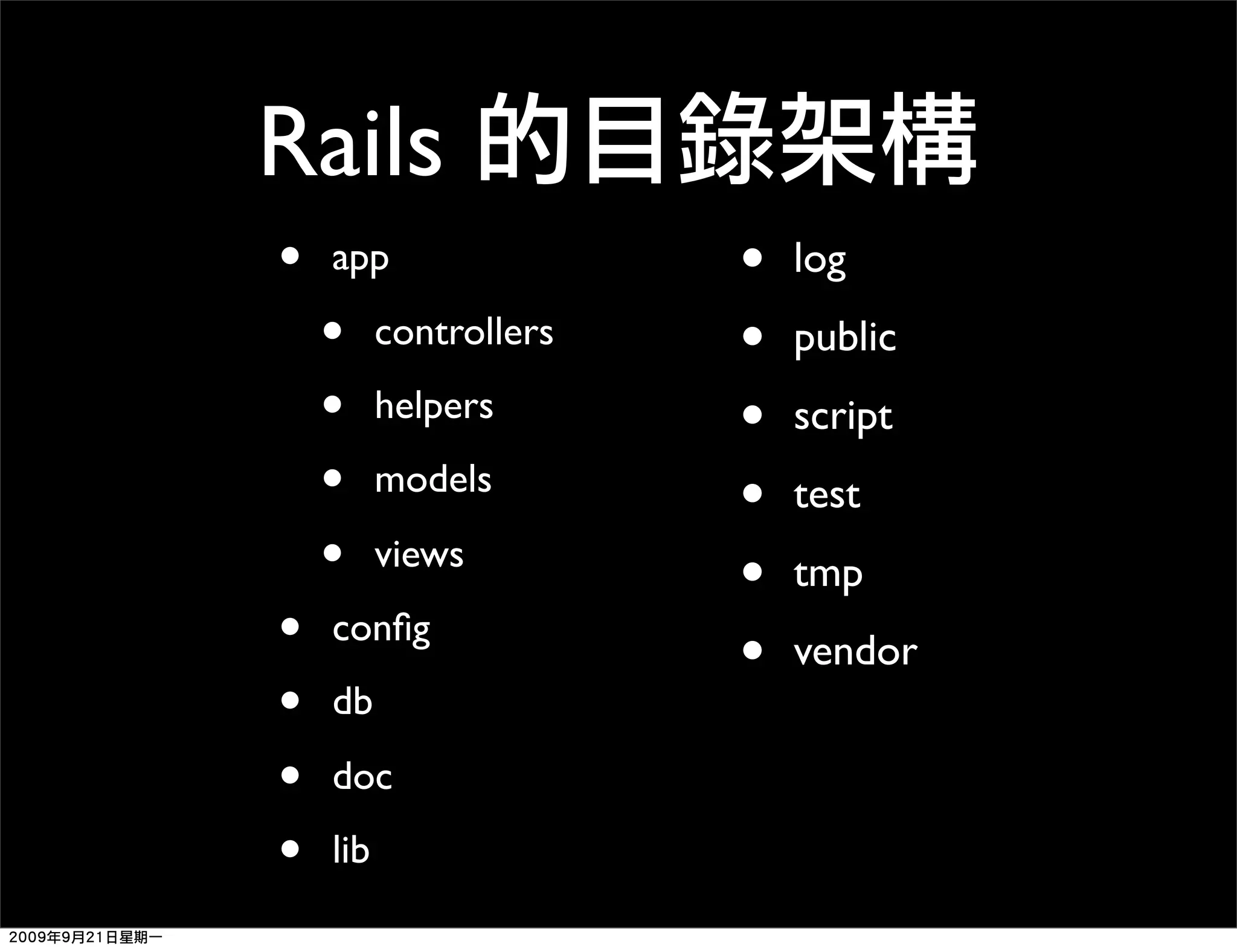 Rails • app • log • controllers • public • helpers • script • models • test • views • tmp • conﬁg • vendor • db • doc • lib 