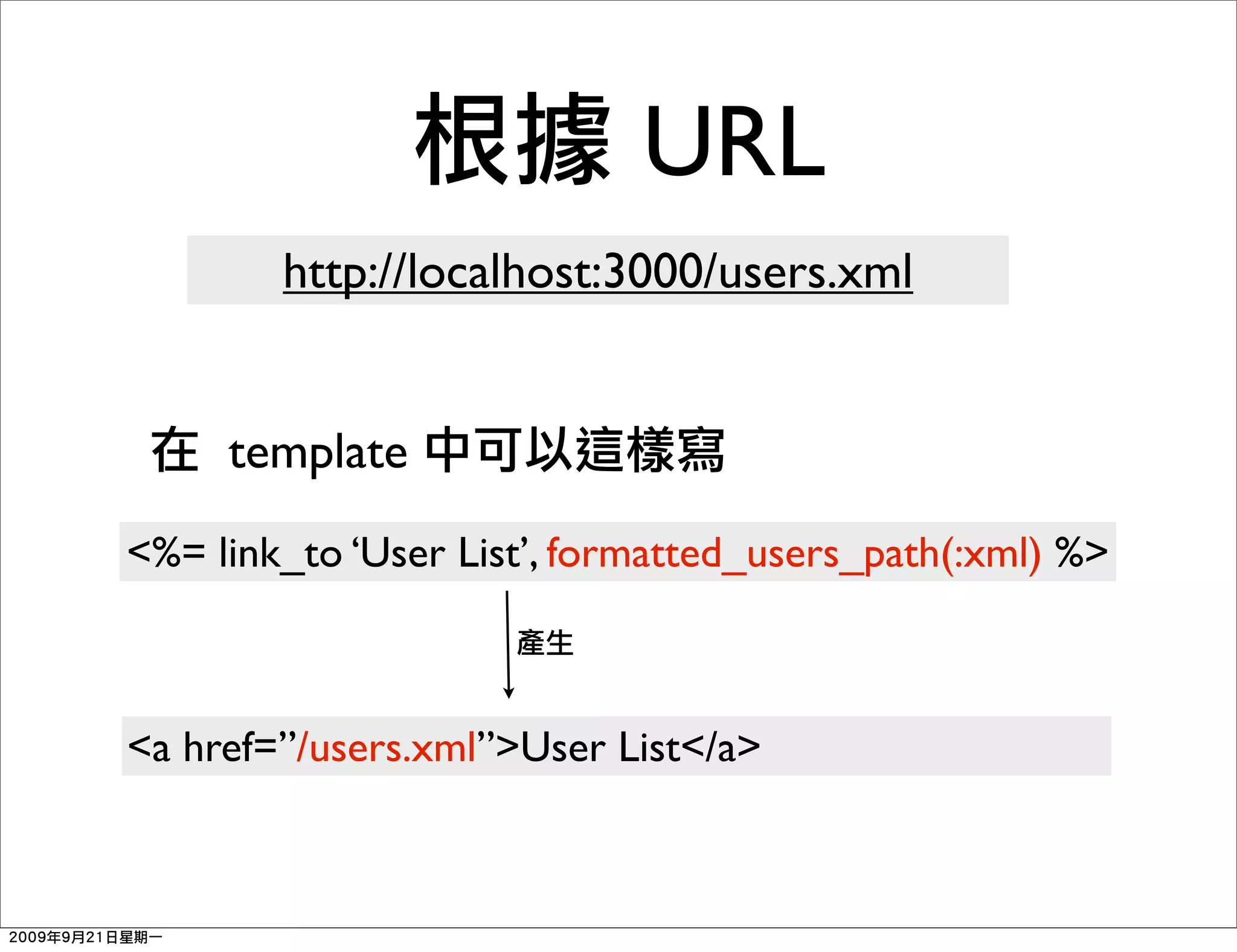 URL
        http://localhost:3000/users.xml


     template
<%= link_to ‘User List’, formatted_users_path(:xml) %>



<a href=”/users.xml”>User List</a>
 