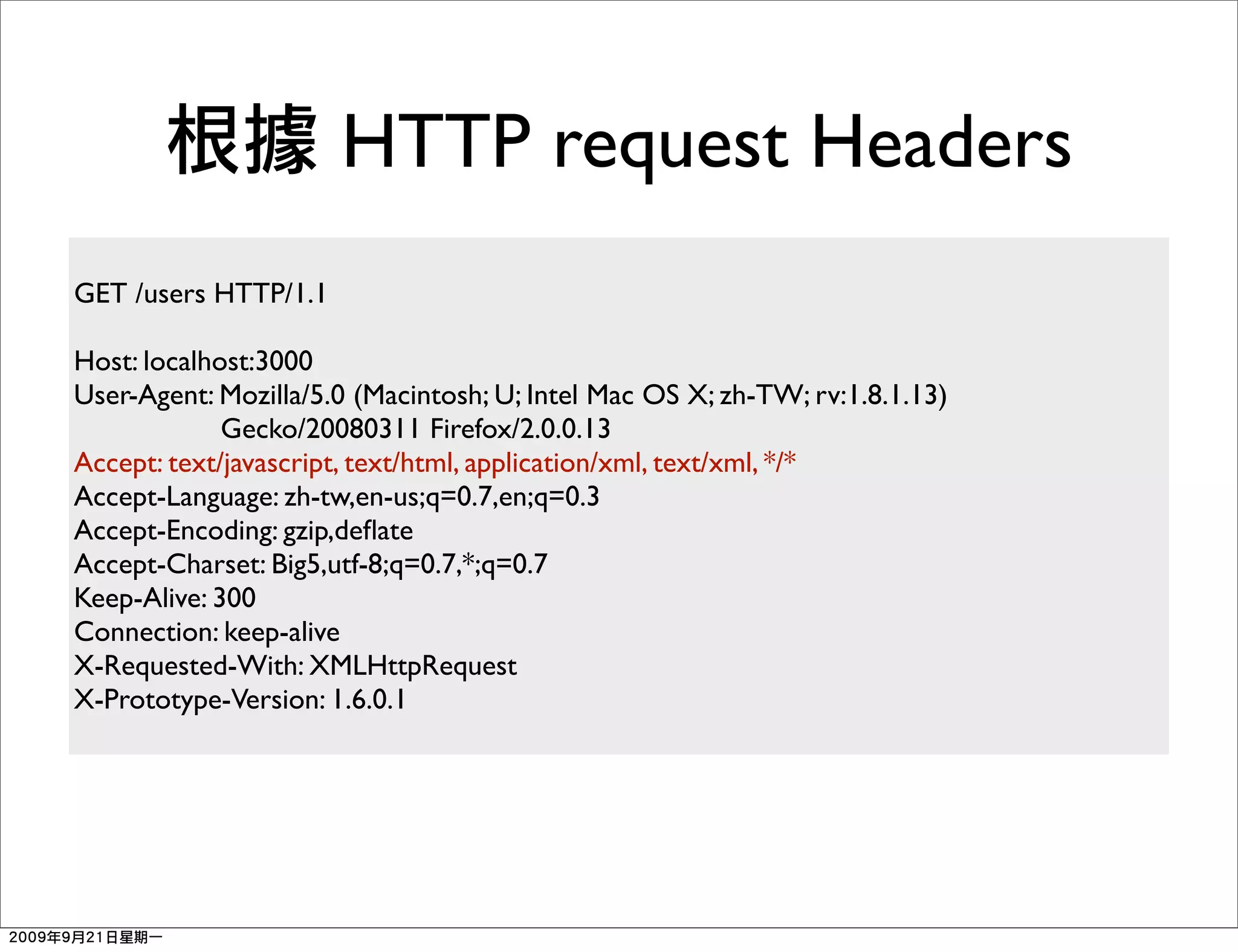 HTTP request Headers
GET /users HTTP/1.1

Host: localhost:3000
User-Agent: Mozilla/5.0 (Macintosh; U; Intel Mac OS X; zh-TW; rv:1.8.1.13)
             Gecko/20080311 Firefox/2.0.0.13
Accept: text/javascript, text/html, application/xml, text/xml, */*
Accept-Language: zh-tw,en-us;q=0.7,en;q=0.3
Accept-Encoding: gzip,deﬂate
Accept-Charset: Big5,utf-8;q=0.7,*;q=0.7
Keep-Alive: 300
Connection: keep-alive
X-Requested-With: XMLHttpRequest
X-Prototype-Version: 1.6.0.1
 
