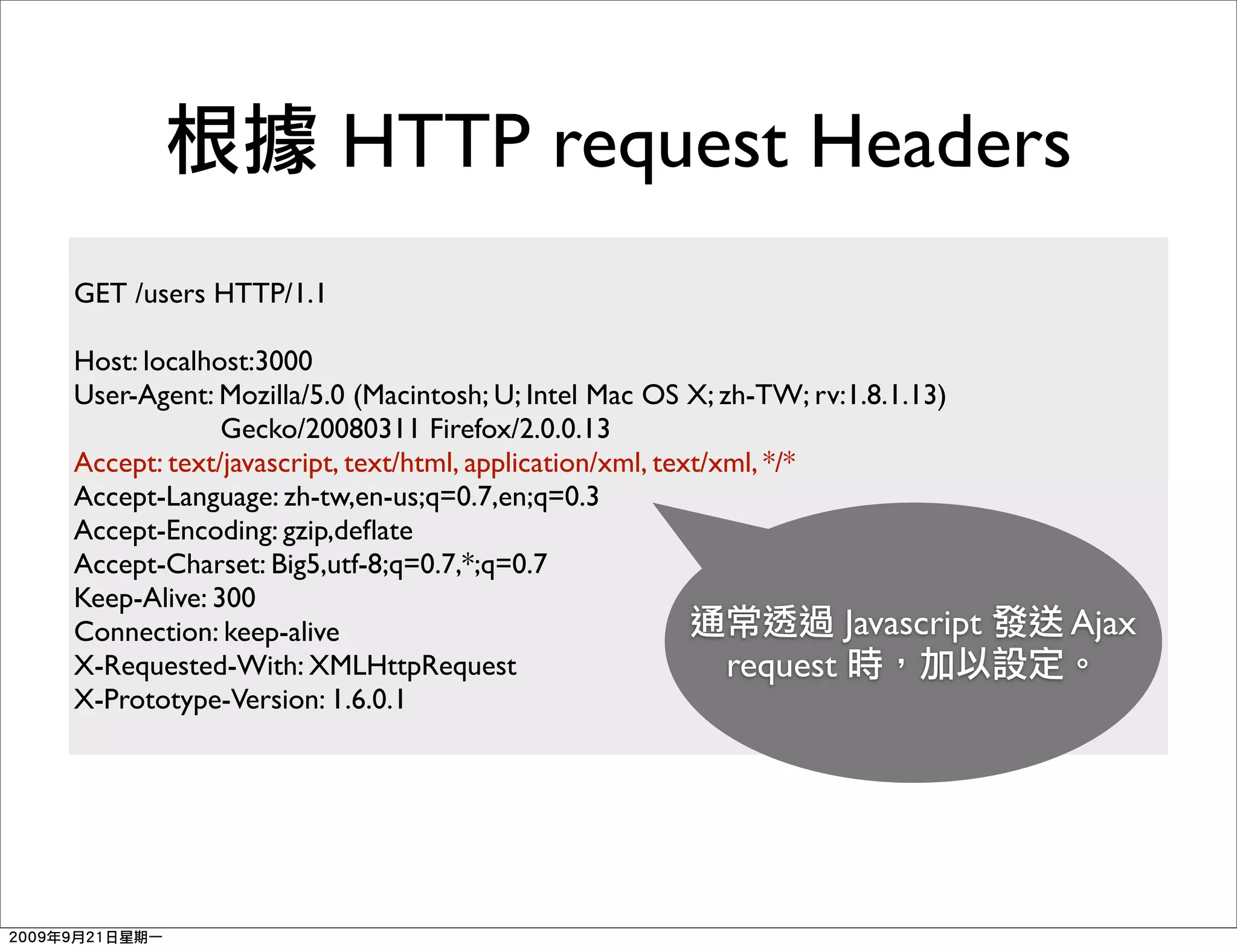 HTTP request Headers
GET /users HTTP/1.1

Host: localhost:3000
User-Agent: Mozilla/5.0 (Macintosh; U; Intel Mac OS X; zh-TW; rv:1.8.1.13)
             Gecko/20080311 Firefox/2.0.0.13
Accept: text/javascript, text/html, application/xml, text/xml, */*
Accept-Language: zh-tw,en-us;q=0.7,en;q=0.3
Accept-Encoding: gzip,deﬂate
Accept-Charset: Big5,utf-8;q=0.7,*;q=0.7
Keep-Alive: 300
Connection: keep-alive                                             Javascript   Ajax
X-Requested-With: XMLHttpRequest                           request
X-Prototype-Version: 1.6.0.1
 