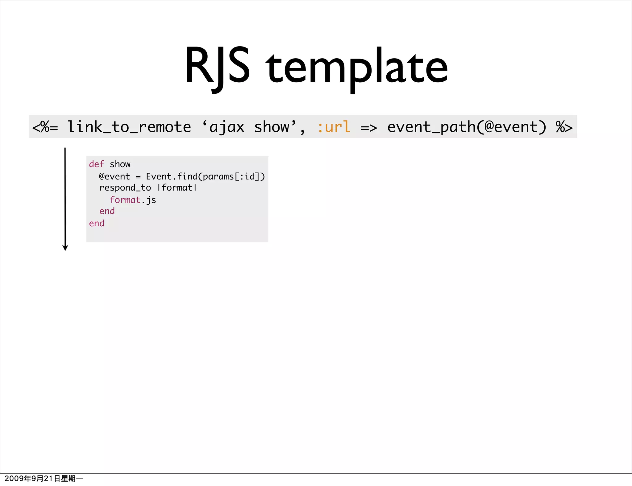 RJS template
<%= link_to_remote ‘ajax show’, :url => event_path(@event) %>

      def show
        @event = Event.find(params[:id])
        respond_to |format|
          format.js
        end
      end
 
