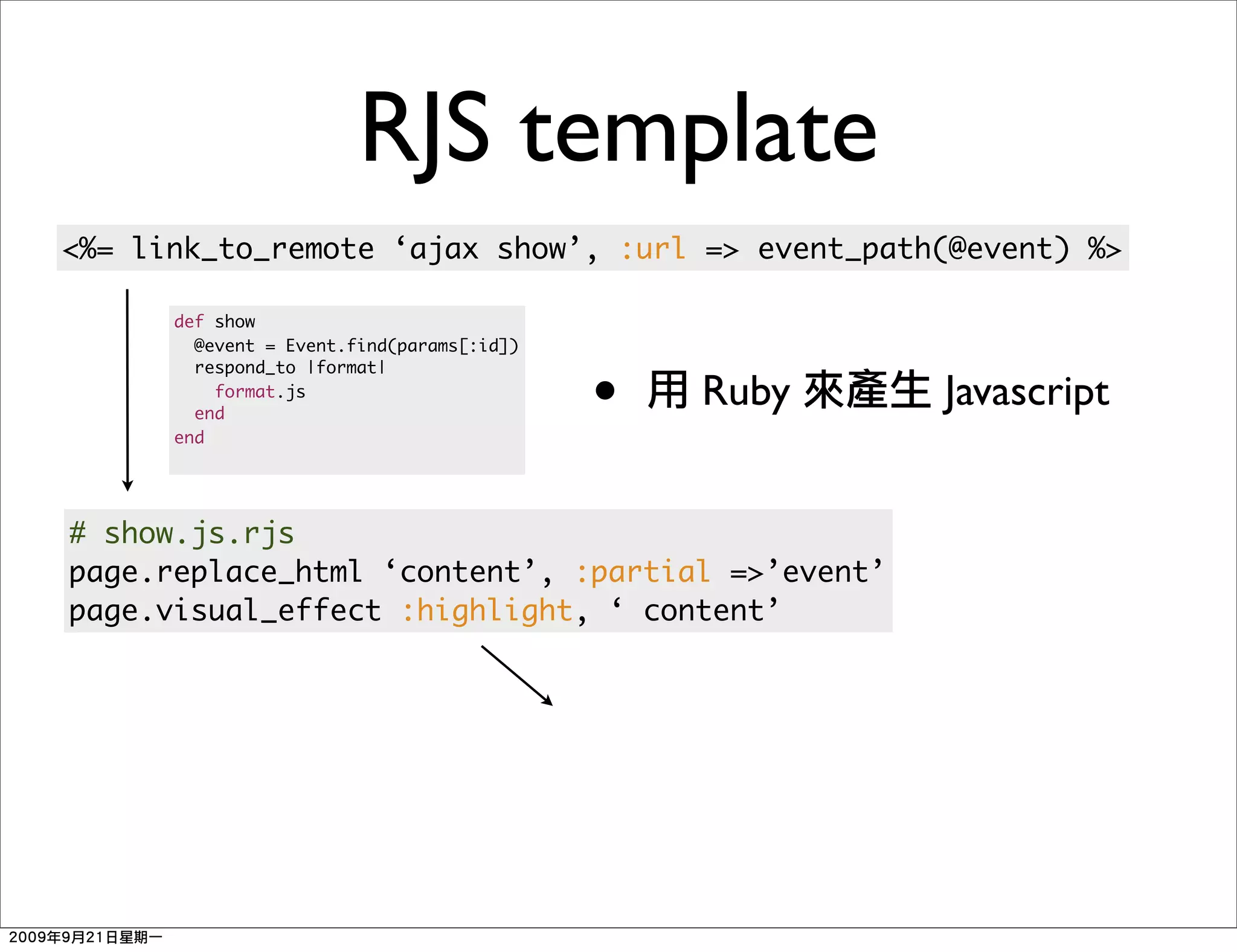 RJS template
<%= link_to_remote ‘ajax show’, :url => event_path(@event) %>

      def show
        @event = Event.find(params[:id])


                                           •
        respond_to |format|
          format.js
        end
                                               Ruby   Javascript
      end




# show.js.rjs
page.replace_html ‘content’, :partial =>’event’
page.visual_effect :highlight, ‘ content’
 