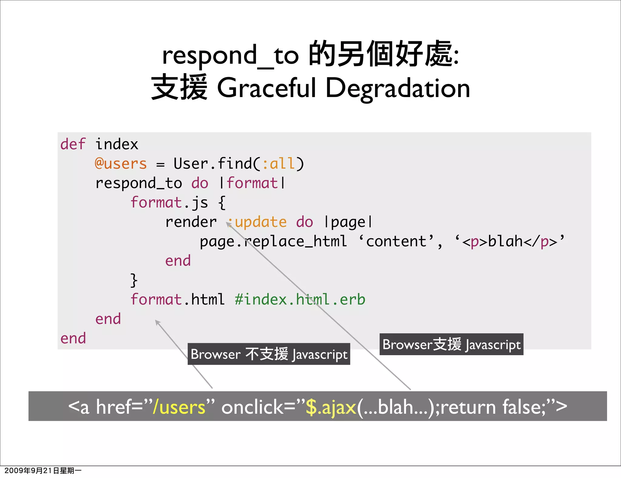 respond_to             :
               Graceful Degradation
def index
    @users = User.find(:all)
    respond_to do |format|
        format.js {
            render :update do |page|
                page.replace_html ‘content’, ‘<p>blah</p>’
            end
        }
        format.html #index.html.erb
    end
end                                   Browser Javascript
               Browser     Javascript


<a href=”/users” onclick=”$.ajax(...blah...);return false;”>
 