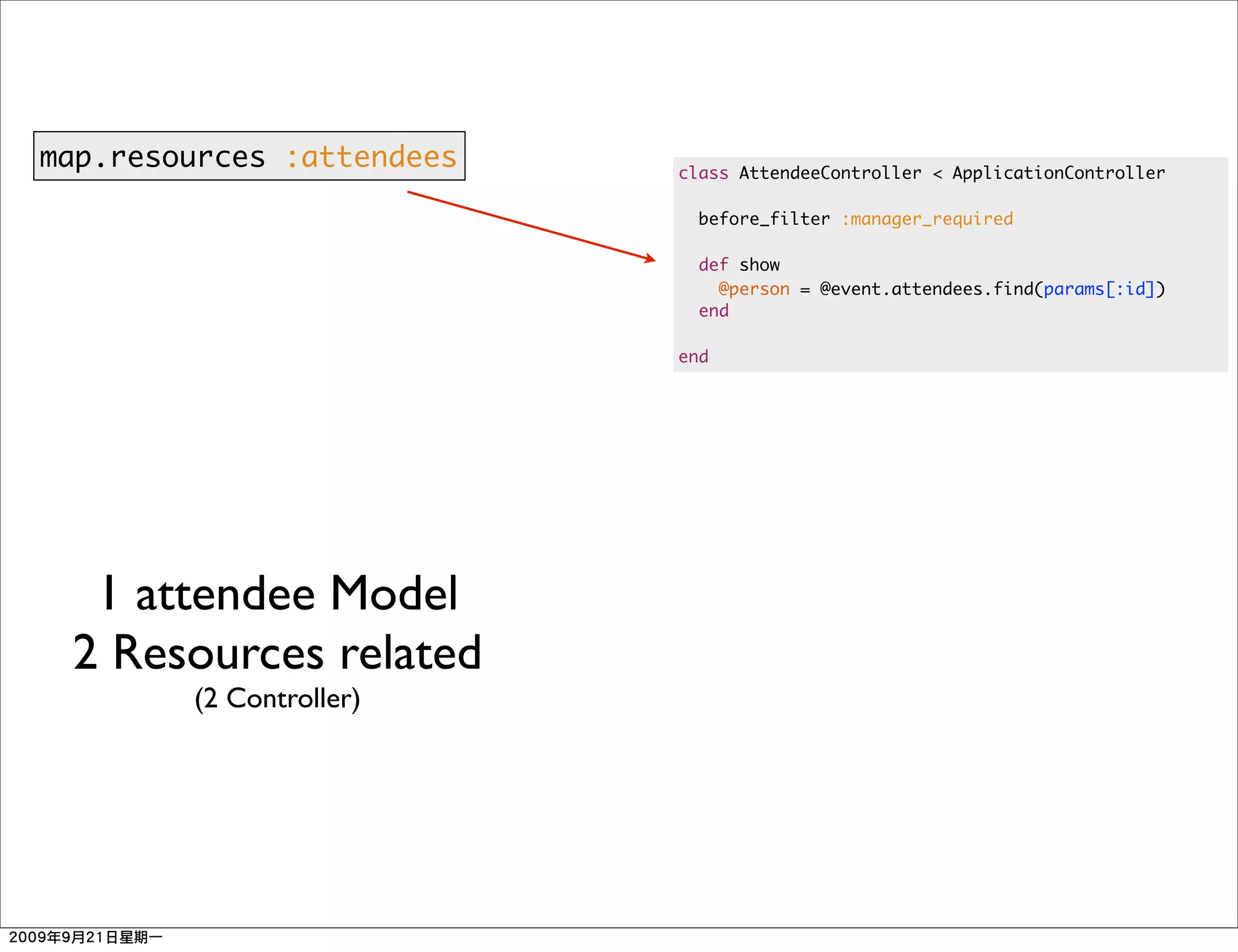 map.resources :attendees   class AttendeeController < ApplicationController

                             before_filter :manager_required

                             def show
                               @person = @event.attendees.find(params[:id])
                             end

                           end




  1 attendee Model
 2 Resources related
        (2 Controller)
 
