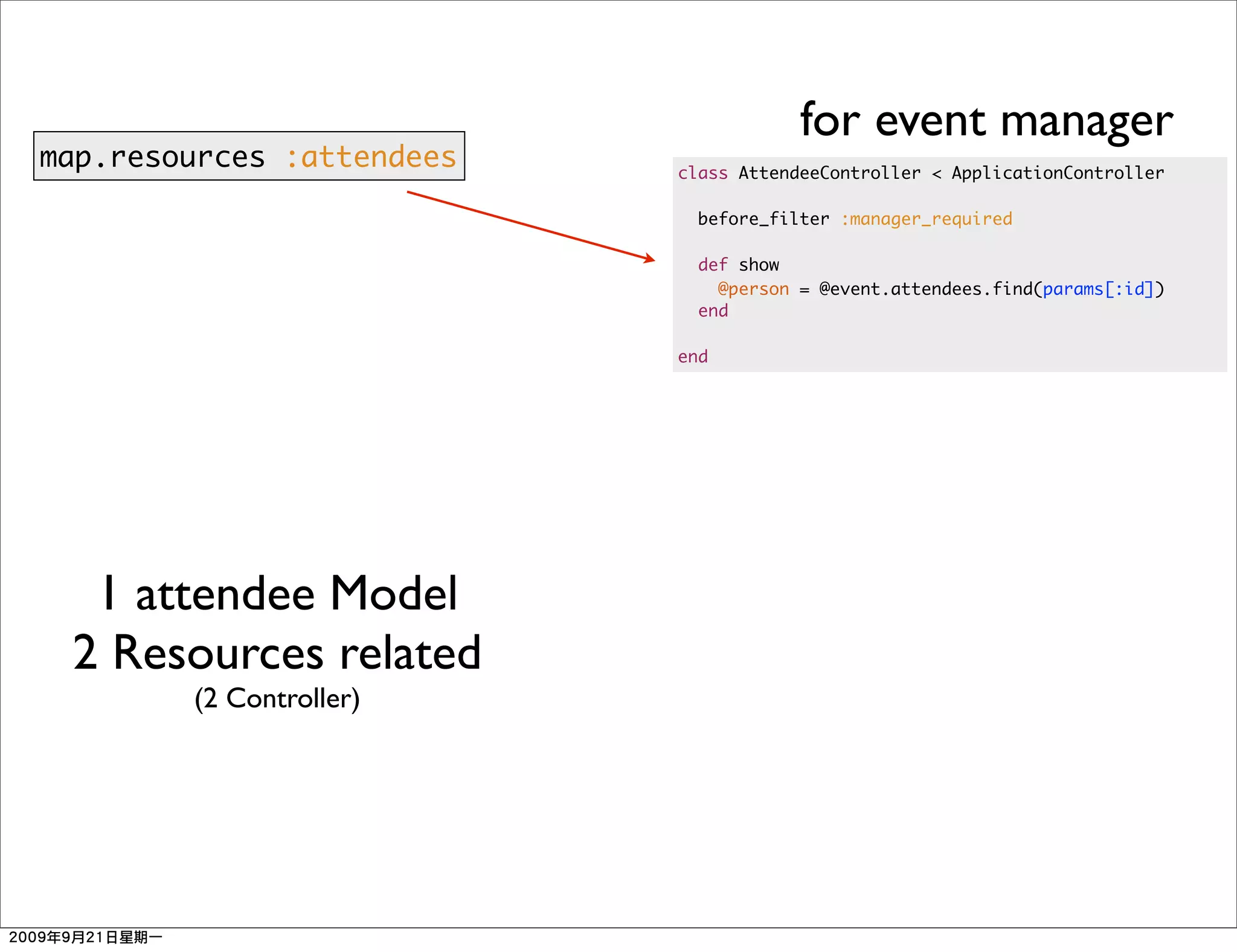 for event manager
map.resources :attendees   class AttendeeController < ApplicationController

                             before_filter :manager_required

                             def show
                               @person = @event.attendees.find(params[:id])
                             end

                           end




  1 attendee Model
 2 Resources related
        (2 Controller)
 