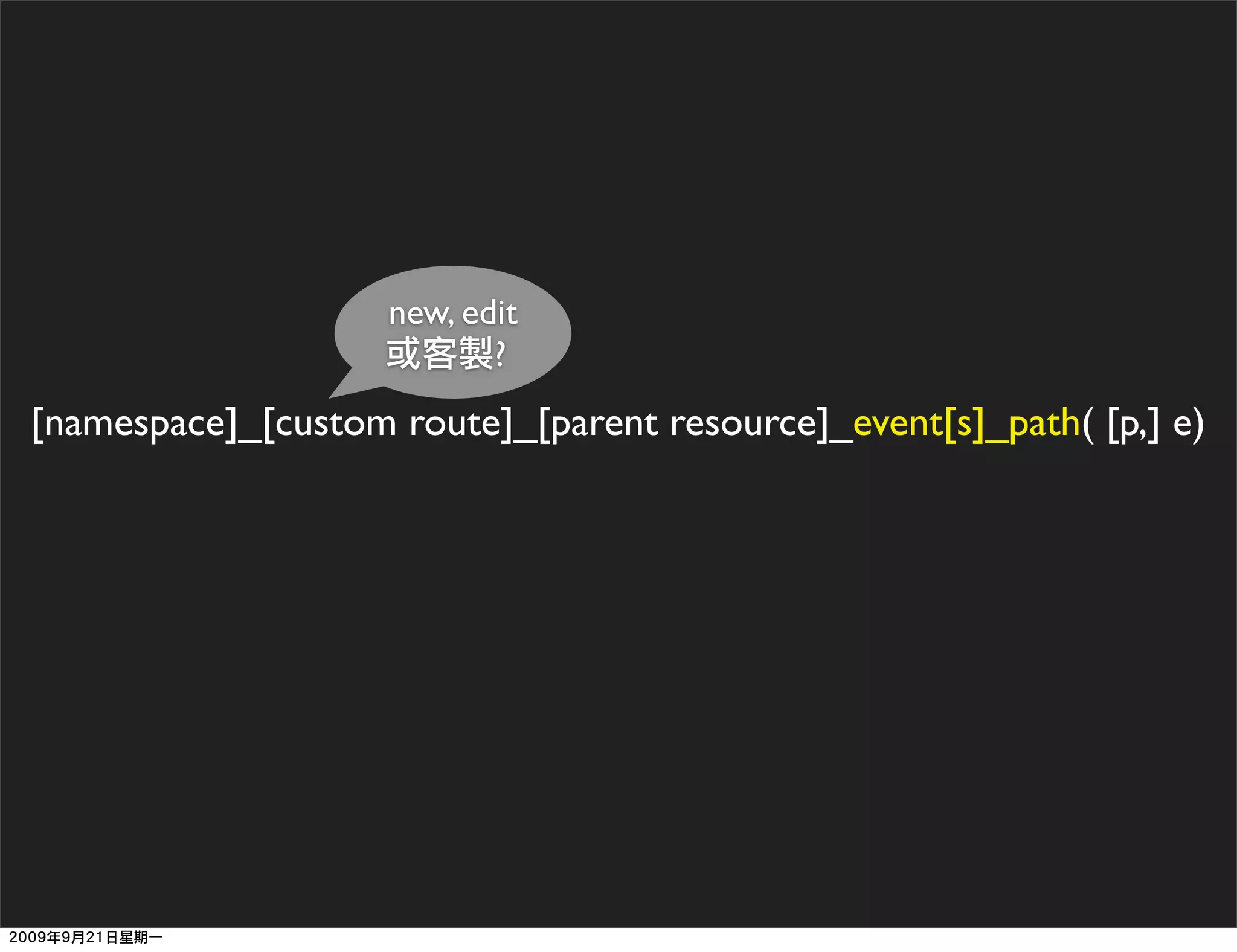 new, edit
                           ?
[namespace]_[custom route]_[parent resource]_event[s]_path( [p,] e)
 