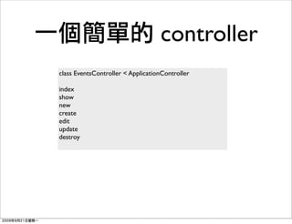 controller
class EventsController < ApplicationController

index
show
new
create
edit
update
destroy
 