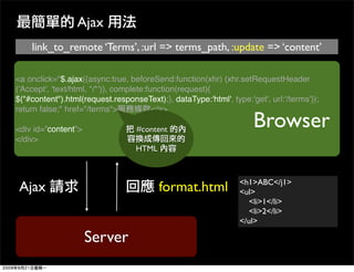 Ajax
    link_to_remote ‘Terms’, :url => terms_path, :update => ‘content’

<a onclick="$.ajax({async:true, beforeSend:function(xhr) {xhr.setRequestHeader
('Accept', 'text/html, */*')}, complete:function(request){
$("#content").html(request.responseText);}, dataType:'html', type:'get', url:'/terms'});
return false;" href="/terms">             </a>

<div id=”content”>                 #content
                                                                     Browser
</div>
                                  HTML



                                                                 <h1>ABC</j1>
 Ajax                                    format.html             <ul>
                                                                    <li>1</li>
                                                                    <li>2</li>
                                                                 </ul>

                     Server
 