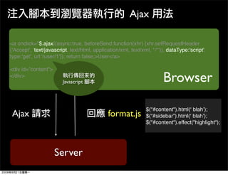 Ajax

<a onclick="$.ajax({async:true, beforeSend:function(xhr) {xhr.setRequestHeader
('Accept', 'text/javascript, text/html, application/xml, text/xml, */*')}, dataType:'script',
type:'get', url:'/user/1'}); return false;>User</a>

<div id=”content”>
</div>
                         Javascript                                     Browser

                                                                $("#content").html(ʻ blahʼ);
 Ajax                                         format.js         $(“#sidebar”).html(ʻ blahʼ);
                                                                $("#content").effect("highlight");




                     Server
 