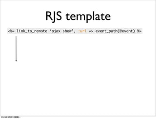 RJS template
<%= link_to_remote ‘ajax show’, :url => event_path(@event) %>
 