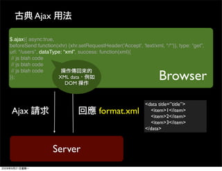 Ajax

$.ajax({ async:true,
beforeSend:function(xhr) {xhr.setRequestHeader('Accept', 'text/xml, */*')}, type: “get”,
url: “/users”, dataType: “xml”, success: function(xml){
 // js blah code
 // js blah code

                                                                   Browser
 // js blah code
});                   XML data
                          DOM



                                                             <data title=”title”>
Ajax                                    format.xml              <item>1</item>
                                                                <item>2</item>
                                                                <item>3</item>
                                                             </data>



                   Server
 