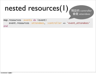 nested resources(1)                                     controller
                                                       attendees

map.resources :events do |event|
    event.resources :attendees, :controller => 'event_attendees'
end
 