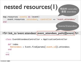 nested resources(1)                                     controller
                                                        attendees

map.resources :events do |event|
    event.resources :attendees, :controller => 'event_attendees'
end

                                                /events/2/attendees


<%= link_to ‘event attendees’, event_attendees_path(@event) %>

  class EventAttendeesController < ApplicationController

    def index
      @attendees = Event.find(params[:event_id]).attendees
    end
  ...
  end
 