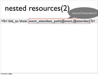 nested resources(2)                        /events/2/attendees/3

<%= link_to ‘show’, event_attendees_path(@event,@attendee) %>
 