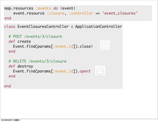 map.resources :events do |event|
    event.resource :closure, :controller => 'event_closures'
end

class EventClosuresController < ApplicationController

  # POST /events/3/closure
  def create
    Event.find(params[:event_id]).close!
  end

  # DELETE /events/3/closure
  def destroy
    Event.find(params[:event_id]).open!
  end

end
 