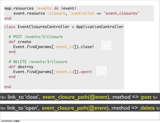 map.resources :events do |event|
      event.resource :closure, :controller => 'event_closures'
  end

  class EventClosuresController < ApplicationController

      # POST /events/3/closure
      def create
        Event.find(params[:event_id]).close!
      end

      # DELETE /events/3/closure
      def destroy
        Event.find(params[:event_id]).open!
      end

  end

<%=   link_to ‘close’, event_closure_path(@event), :method => :post %>
<%=   link_to ‘open’, event_closure_path(@event), :method => :delete %>
 