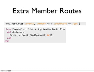 Extra Member Routes
 map.resources :events, :member => { :dashboard => :get }

class EventsController < ApplicationController
  def dashboard
    @event = Event.find(params[:id])
  end
end
 