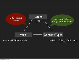 URL without      Nouns
                                    the resource have
      action          URL          many representations




             Verb            Content Types
ﬁnite HTTP methods               HTML, XML, JSON....etc
 