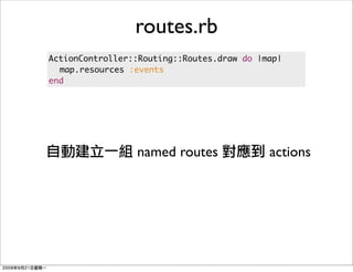 routes.rb
ActionController::Routing::Routes.draw do |map|
	 map.resources :events
end




                 named routes               actions
 