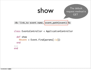 show                     The default
                                        request method is
                                              GET


<%= link_to event.name, event_path(event) %>


class EventsController < ApplicationController

  def show
    @event = Event.find(params[:id])
  end
...
end
 