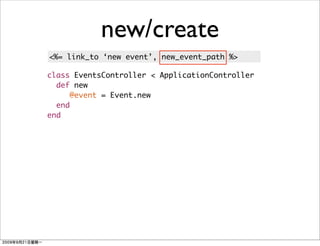 new/create
<%= link_to ‘new event’, new_event_path %>

class EventsController < ApplicationController
  def new
     @event = Event.new
  end
end
 