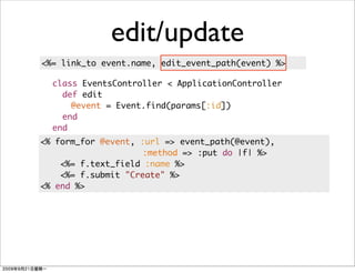 edit/update
<%= link_to event.name, edit_event_path(event) %>

  class EventsController < ApplicationController
    def edit
      @event = Event.find(params[:id])
    end
  end
<% form_for @event, :url => event_path(@event),
                    :method => :put do |f| %>
    <%= f.text_field :name %>
    <%= f.submit "Create" %>
<% end %>
 