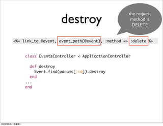 the request
                    destroy                        method is
                                                    DELETE


<%= link_to @event, event_path(@event), :method => :delete %>


     class EventsController < ApplicationController

       def destroy
         Event.find(params[:id]).destroy
       end
     ...
     end
 