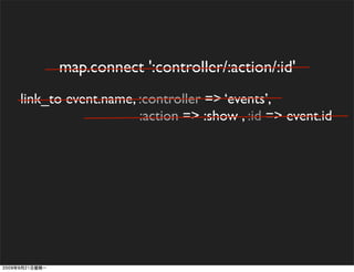 map.connect ':controller/:action/:id'
link_to event.name, :controller => ‘events’,
                    :action => :show , :id => event.id
 