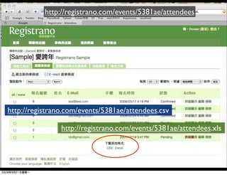 http://registrano.com/events/5381ae/attendees




http://registrano.com/events/5381ae/attendees.csv

                http://registrano.com/events/5381ae/attendees.xls
 
