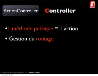 ActionController                                         Controller


       •1 méthode publique = 1 action
       • Gestion du routage



© Richard Piacentini et Laurent Julliard 2010 - Nuxos Group
Thursday, May 20, 2010
 