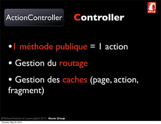 ActionController                                         Controller


       •1 méthode publique = 1 action
       • Gestion du routage
       • Gestion des caches (page, action,
       fragment)

© Richard Piacentini et Laurent Julliard 2010 - Nuxos Group
Thursday, May 20, 2010
 