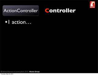 ActionController                                         Controller

       •1 action…




© Richard Piacentini et Laurent Julliard 2010 - Nuxos Group
Thursday, May 20, 2010
 