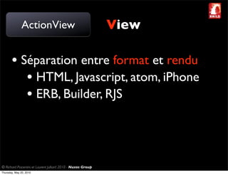ActionView                                     View

       • Séparation entre format et rendu
          • HTML, Javascript, atom, iPhone
          • ERB, Builder, RJS



© Richard Piacentini et Laurent Julliard 2010 - Nuxos Group
Thursday, May 20, 2010
 