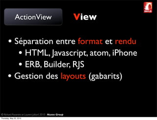 ActionView                                     View

       • Séparation entre format et rendu
          • HTML, Javascript, atom, iPhone
          • ERB, Builder, RJS
       • Gestion des layouts (gabarits)


© Richard Piacentini et Laurent Julliard 2010 - Nuxos Group
Thursday, May 20, 2010
 