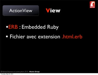 ActionView                                     View

        •ERB : Embedded Ruby
        • Fichier avec extension .html.erb



© Richard Piacentini et Laurent Julliard 2010 - Nuxos Group
Thursday, May 20, 2010
 
