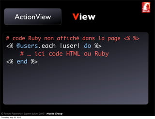 ActionView                                     View

     # code Ruby non affiché dans la page <% %>
     <% @users.each |user| do %>
         # … ici code HTML ou Ruby
     <% end %>




© Richard Piacentini et Laurent Julliard 2010 - Nuxos Group
Thursday, May 20, 2010
 
